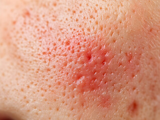 Fototapeta premium photo of a close-up of human skin with a red rash and irritated pores 
