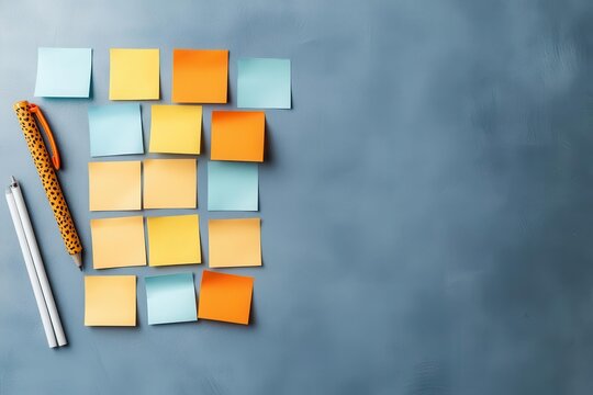 Sticky notes arranged in a priority matrix on a whiteboard, blending creative ideas with organized planning