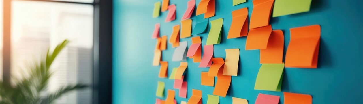 Detailed task list on sticky notes, displayed on a meeting room wall for team visibility and collaboration