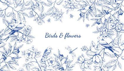 Birds and flowers. Floral chinoiserie card, blue and white spring tree, luxury nature art with hand drawn elegant Sakura. Engraving drawing forest isolated elements. Banner design. Vector label