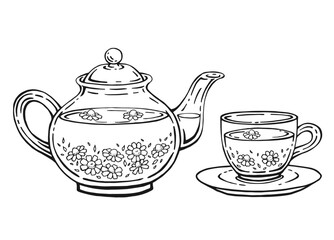 Hand drawn teapot, cup, chamomile. Vector illustration in outline style.