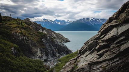Scenic View of Mountains and Tranquil Lake from Rocky Shoreline