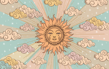 Mystical celestial astrological banner sun with face, solar eclipse, vector esoteric zodiac poster, horoscope, tarot. Universe creation with clouds, stars and sun.