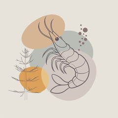 Large prawn shrimp, drawn by graphic lines on a blobs background. Element for a menu of fish restaurants, for packaging in markets and in stores. Healthy seafood concept