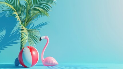 Naklejka premium Summer Beach Scene with Flamingo and Palm Tree
