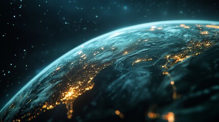 Obraz premium Earth's glowing surface seen from space, with a dark blue background and stars.