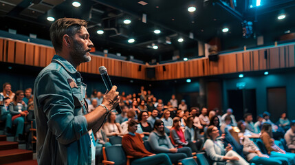 A man with a beard, dressed in a blue shirt, delivering a speech to a large, engaged audience, who are listening intently.