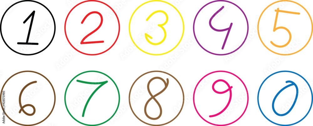 Poster set of hand drawn 1 to 0 number on outline circle vector illustration.