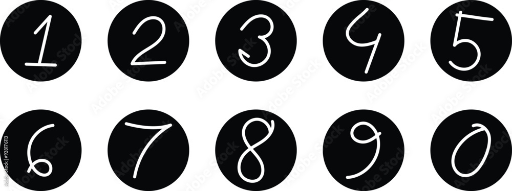 Poster set of hand drawn 1 to 0 number on black circle vector illustration.