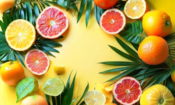 Colorful citrus fruits and green palm leaves on a yellow background.
