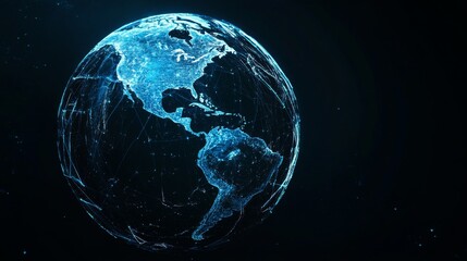Naklejka premium Blue glowing digital world map with connecting lines and dots.
