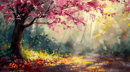 Art illustration Garden in spring painting style