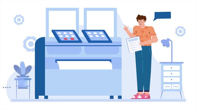 A user interacts with a large printer managing documents illustration business animated video