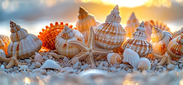 Seashells and starfish on a beach at sunset. A beautiful seascape image.