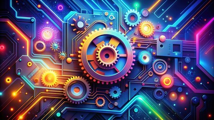 Colorful, stylized illustration of a digital platform with integrated gears, circuits, and futuristic elements, surrounded by abstract shapes and vibrant hues.