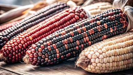 several ears of multicolored corn, also known as Indian corn, arranged on a wooden surface. The corn kernels are in various shades, including deep red, dark purple, and cream