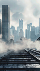 Foggy Urban Cityscape with Skyscrapers and Rails