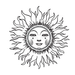 Mystical sun or moon with face, celestial astrology logo, Boho zodiac icon, Tarot. Magic vector outline hand drawn tattoo isolated on white background.