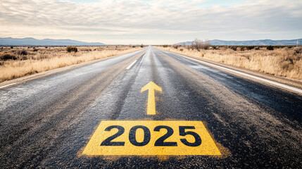 Road to 2025 with an empty road with written 2025 and arrow pointing towards the horizon to represent the future and positivity and success of the new year 2025