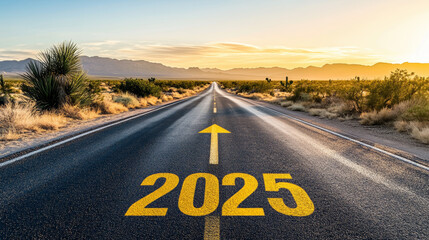 Road to 2025 with an empty road with written 2025 and arrow pointing towards the horizon to represent the future and positivity and success of the new year 2025