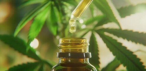 Cannabis oil in a glass bottle with a dropper pouring on it, with cannabis leaves in the background