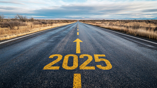 Road to 2025 with an empty road with written 2025 and arrow pointing towards the horizon to represent the future and positivity and success of the new year 2025