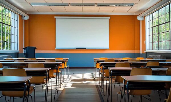Empty classroom with rows of desks and chairs, a projector screen and large windows.
