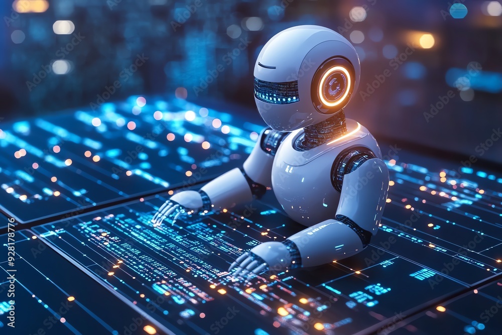 Leinwandbilder Futuristic AI Robot Working on a Computer with Digital Interface.