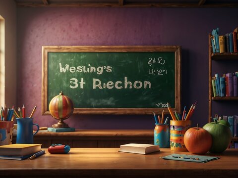 A warm and friendly classroom or study, featuring a dark green blackboard that says "Wesling's 3t Riechon" along with mathematical numbers and symbols, suggesting that it may be a math classroom.