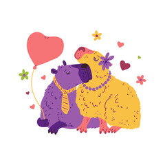 Vector illustration of capybaras in love on a background of flowers and hearts