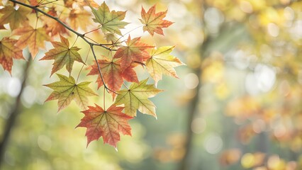 Fototapeta premium a branch with several maple leaves in various stages of changing color, typical of autumn. The leaves are a mix of green, yellow, and red hues, indicating the transition from summer to fall