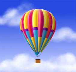 Obraz premium Realistic airship in sky. Colorful hot air balloon with basket. Vintage aviation inflatable transport, flying vehicle. Adventures freedom symbol. Aerostat for journey. Vector illustration