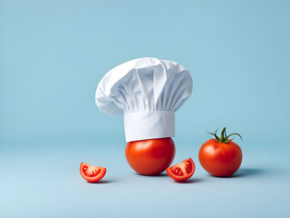 Chef hat with tomato concept on pastel blue background. minimal idea food and fruit concept. An idea creative to produce work within an advertising marketing communications or artwork design