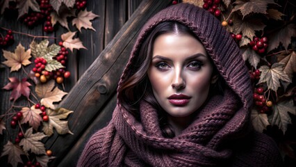 a woman with striking features, wearing a knitted, deep burgundy hooded shawl that covers her head and shoulders. Her expression is serious and intense, with piercing eyes and dark