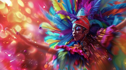 A beautiful young woman is dancing with her face decorated with beautiful feathers, enjoying the carnival celebration. Creative art illustration.