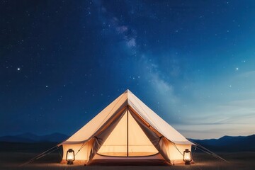 Cozy tent illuminated by lanterns under a clear night sky, perfect for stargazing in the wilderness