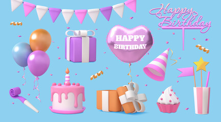 3d birthday cake. Happy pink celebrate balloons, gift box, candle and muffin, party decor. Kid anniversary present with heart and ribbon. Isolated render element. Vector festive icons set