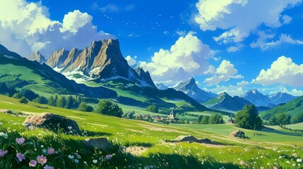 Obraz premium Art illustration of mountains and grasslands style anime