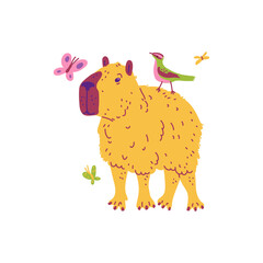 Vector graphics a capybara with an yellow color, with a bird sitting on its back