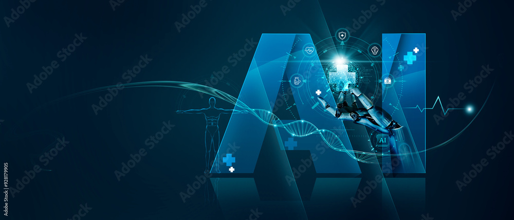 Poster medical ai technology, hand of robot holding on icon medical data network connection, ai robot for d