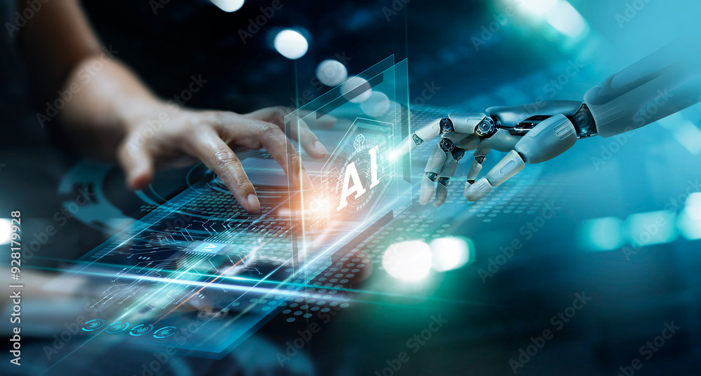 Aufkleber AI, Machine learning, Hands of robot and human touch on big data network connection, Data exchange, Deep learning, .AI adoption for working, Innovation, Science and artificial intelligence technology.