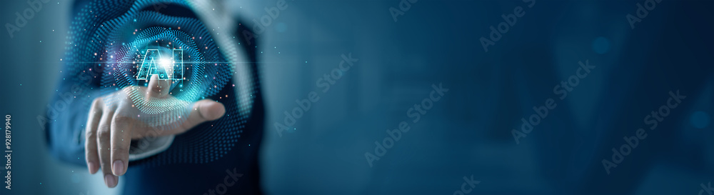 Poster Ai technology, Machine learning, Ai data networking, Businessman touch big data network connection, Data exchange, Deep learning, Innovative new era, Business and artificial intelligence technology.