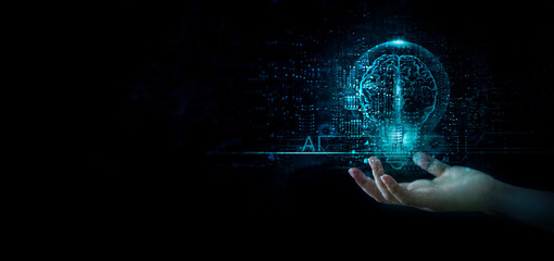 AI, Machine learning, hand holding a big data network, Brain data creative of Ai in light bulb, AI...