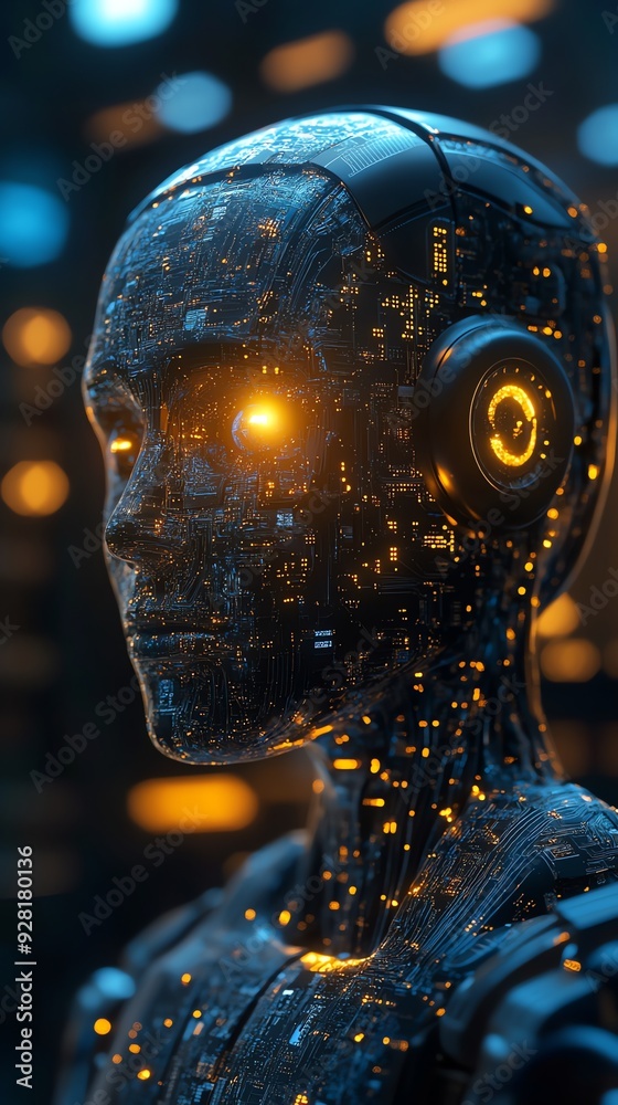 Poster futuristic android with glowing circuits.