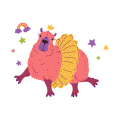 Vector illustration of a capybara in a tutu on a background of stars, rainbows