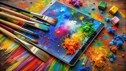 Fototapeta premium Colorful paint-splattered brushes lay scattered on a digital tablet, surrounded by vibrant colors and creative tools, blending traditional art with modern digital editing.
