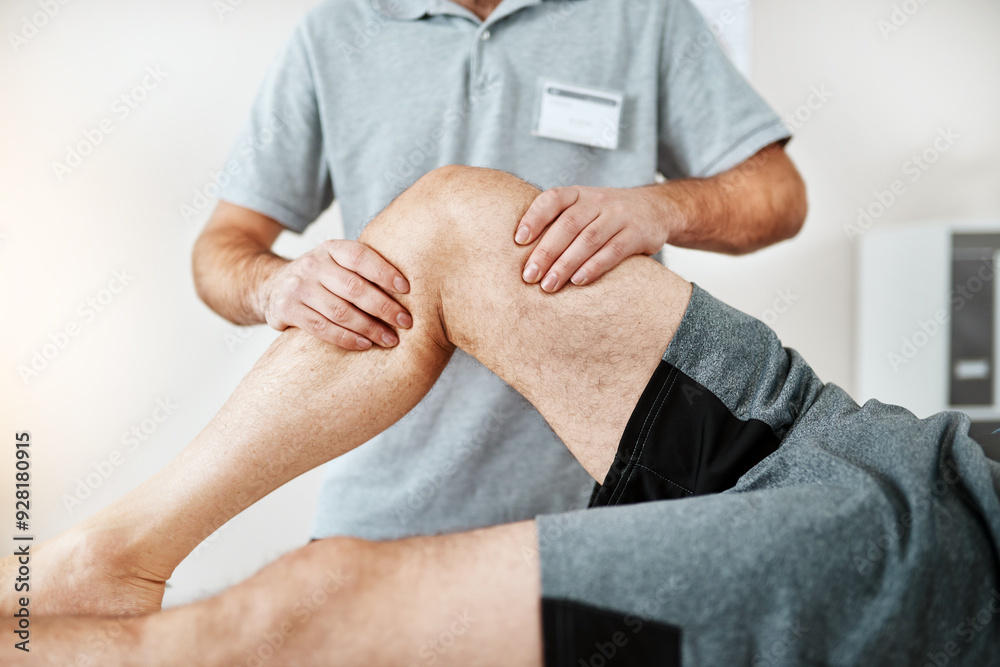 Sticker Hands, man or physiotherapist with leg injury in office room, rehabilitation for orthopedic support. Small business, closeup or professional pt ready for physiotherapy service for recovery or help