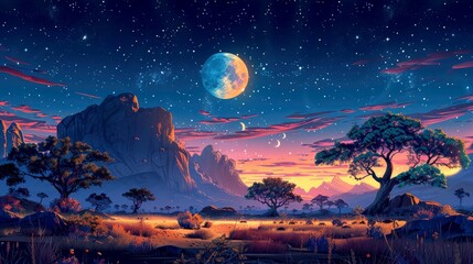 Naklejka premium Art illustration of savanna on night