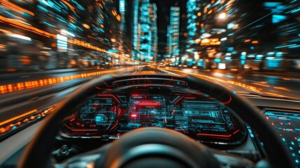 Futuristic car driving through a city at night.