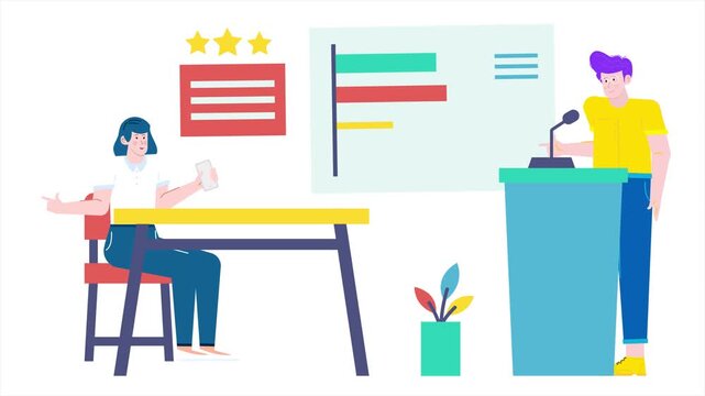 a speaker presenting while a seated audience member provides feedback with a mobile device illustration business animated video